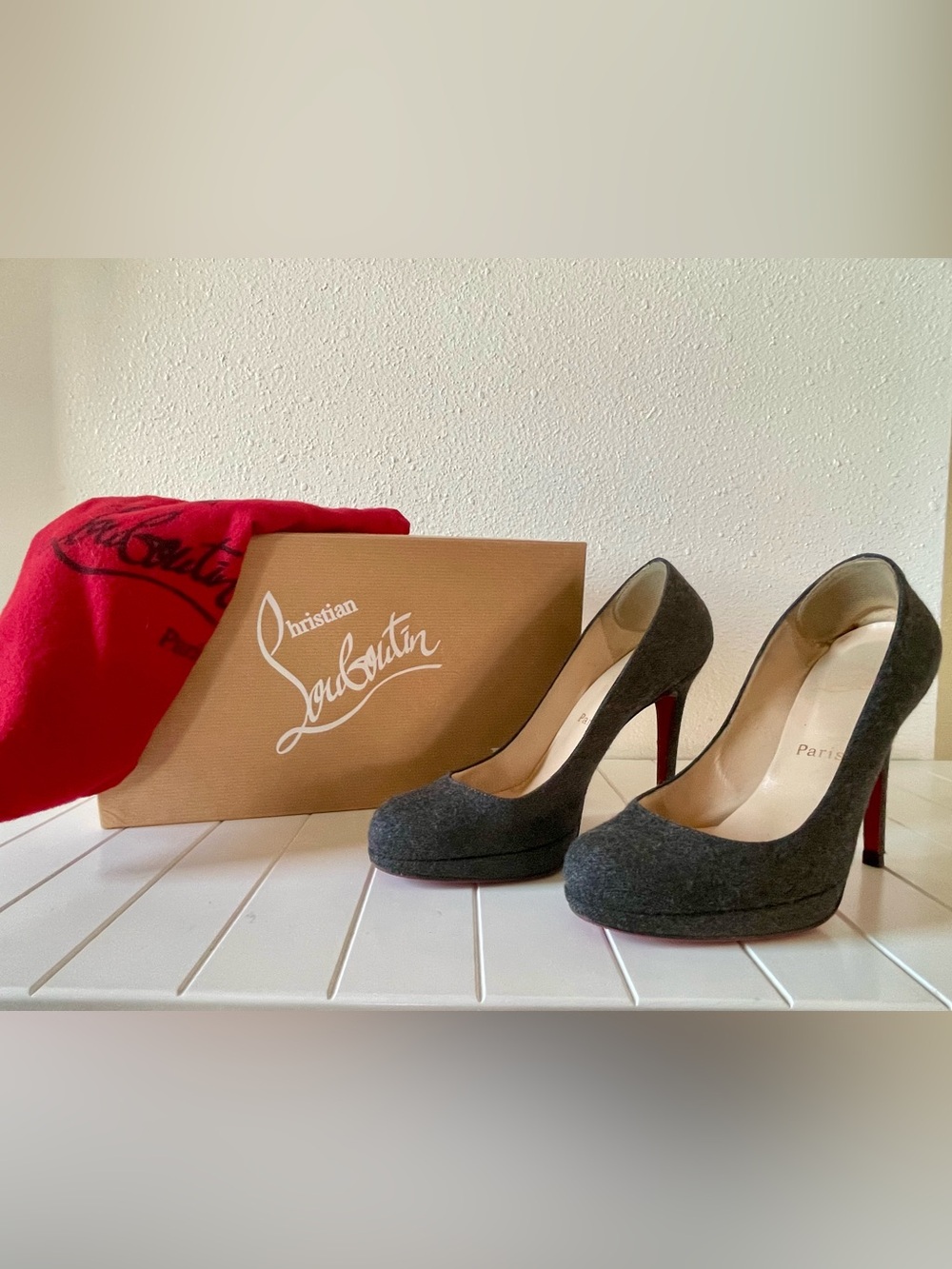 Christian Louboutin Charcoal Gray Flannel Platform Pumps with Red Sole